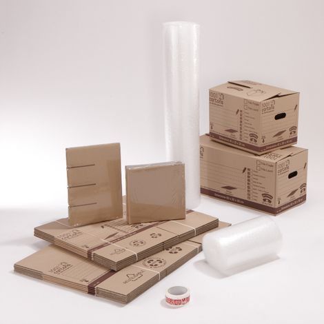 Mottez – Kit déménagement cuisine 5 cartons 36L et 54L – 1 pack avec croisillons pour assiettes et verres – Film bulles et adhésif fragile inclus