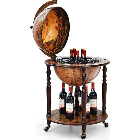 COSTWAY Botellero Minibar 45 cm Globo del Mundo, Armario para Vinos Siglo XVI con Carta Náutica, Estante Retro de Madera para Botellas de Vino (1/5)