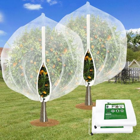 Lot de 2 grands filets pour arbres fruitiers avec cordon de serrage et fermeture éclair, 2,4 x 2,4 m, filet de protection contre les oiseaux, les insectes, les cigales (2,4 x 2,4 m)