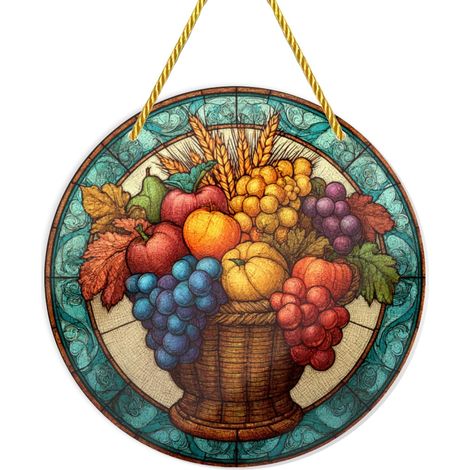 Panier de récolte abondant avec des fruits colorés, motif d'automne, paniers en verre (1/5)