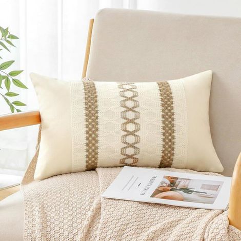 1 Housse de coussin lombaire, Coton et toile de jute, Rayures tissées, 30x50 cm, Salon canapé (1/5)