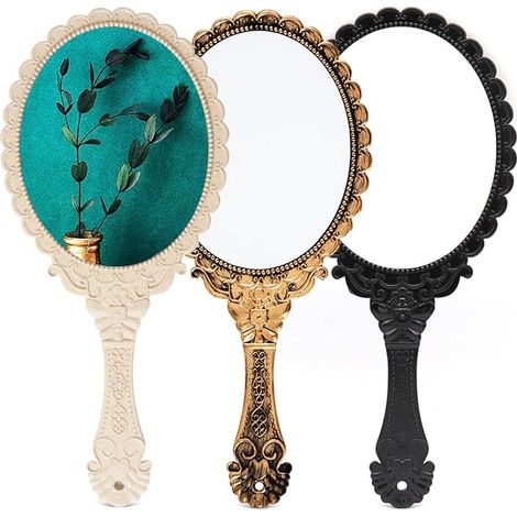 Miroir à Main avec Poignée, 3 Pièces Miroir de Maquillage Portable Rétro Motif Ovale Miroir de Courtoisie pour Dames Filles Voyage Maison Bureau (1/5)