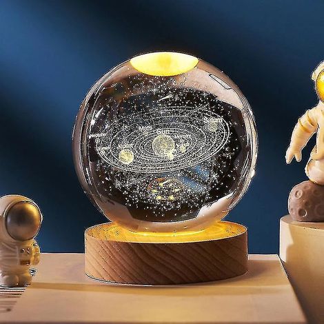 Boule de cristal 3D planète avec socle en bois, veilleuse LED en cristal 3D, ornement boule de cristal galaxie spatiale pour H (1/4)