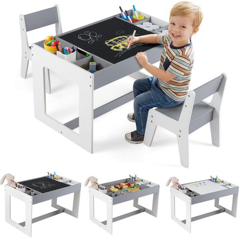Plateau amovible facile à retirer, table enfant avec 2 chaises, tableau noir et blanc avec rangement (1/5)