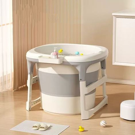 Hofuton Baignoire Pliable, Bassin de Douche Portable, avec Boite de Rangement, Drainage, Thermomètre, Chaise, Gris (1/5)