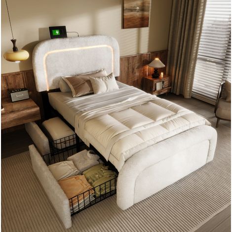 Cama tapizada sherpa blanca 90x200 cm con LED, USB-C, 2 cajones y cabecero ajustable (1/5)