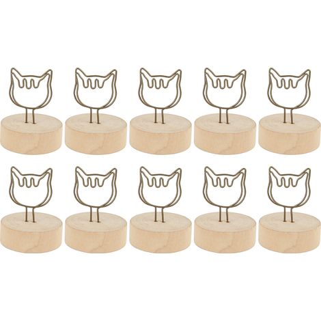 Set aus 10 katzenförmigen Tischkartenhaltern mit Holzsockel, vertikalem Design, schlicht und niedlich, zur Tischdekoration. (1/5)
