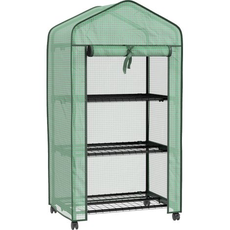 Mini serre de jardin sur roulettes, 3 niveaux, bâche en polyéthylène haute densité, porte enroulable, 4 roues, dimensions 69x49x130 cm (1/5)