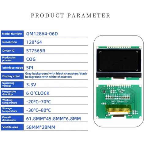 Module LCD - 12864 - Interface SPI - Écran COG Matriciel 128x64 - Tension 3 3 V - Température -20 À +70 °C - Noir - 1 Pièce (1/5)