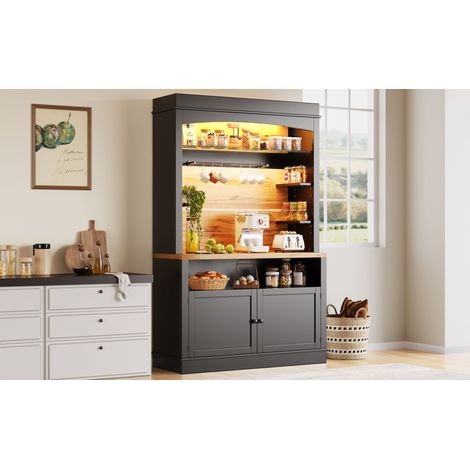 Meuble de rangement cuisine, colonne haute 184 cm, placard mural avec porte vitrée, buffet noir avec éclairage LED, étagère ouverte, dimensions 107 x 43 cm (1/5)