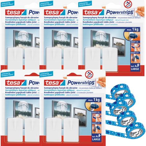 TESA POWERSTRIPS Selbstklebende Bilderhaken 1kg x5 + Washi-Tape x5
