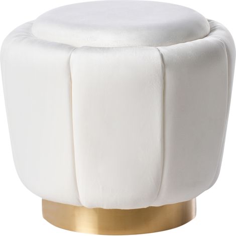 Puf tapizado en terciopelo blanco con base dorada ø 43 x 37 cm reposapiés glamour Irving