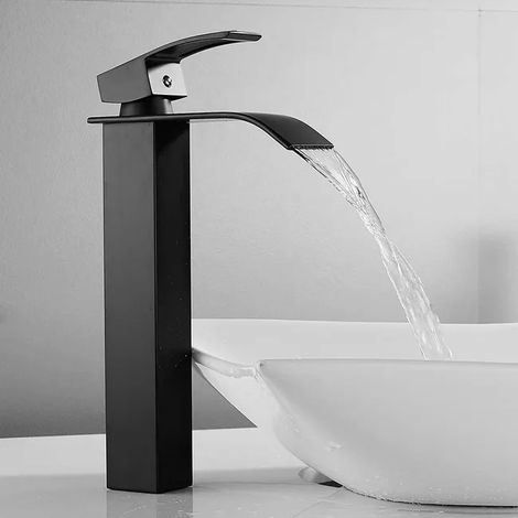 Robinet Cascade Noir CECIPA, Mitigeur Lavabo Haut Bec, Mono-trou Robinetterie Lave-mains, Levier Unique Cuivre, Mélangeur Salle de Bain (1/3)