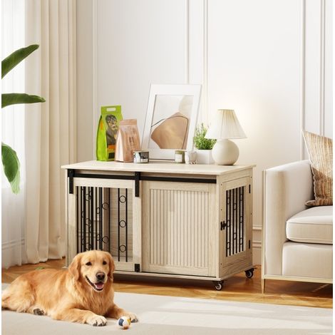 Jaula para perro con ruedas, puerta corredera, 100 x 56 x 65 cm, madera y acero DESVIAE (1/5)