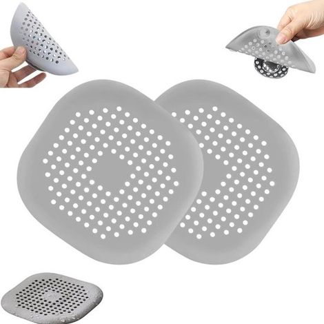 Lot de 2 filtres d'évier en silicone (14 x 14 cm) - Bouchon anti-cheveux - Gris - Crépine - Anti-obstruction - Convient aux salles de bain, cuisines et éviers. (1/5)