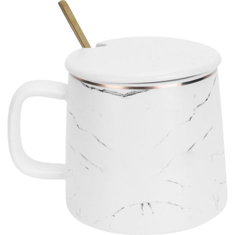 Mug en céramique à motif marbre, avec cuillère et couvercle, idéal pour la maison, les voyages, le bureau et les activités de plein air (blanc). (1/5)