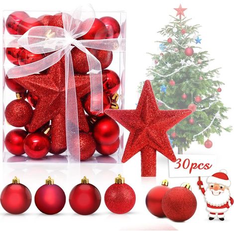 Lot de 30 boules de Noël rouges en plastique, décoration pailletée pour sapin de 3 cm (1/5)