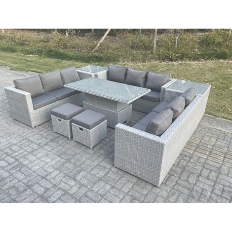 Fimous Rattan Gartenmöbel Set mit Sofa, Höhe verstellbar Esstisch und 2 Hocker,2 Beistelltisch,Outdoor Terrassen Essgruppe 8-teilige Sitzgruppe Helles Grau (1/4)