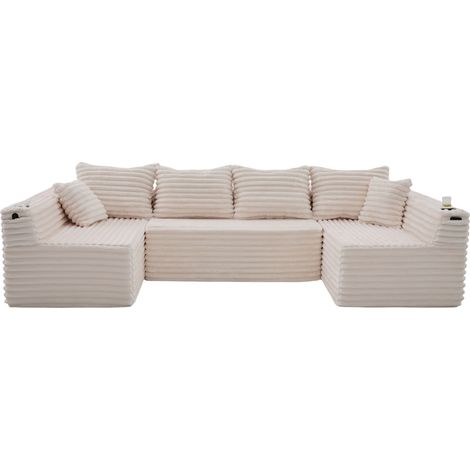 Sofá U modular de terciopelo beige con portavasos, bolsillo lateral, muelles y 6 cojines (1/5)