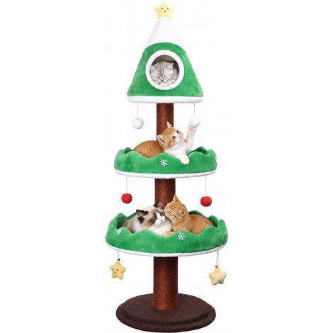 Arbre à Chat Sapin de Noël 140cm – Maison pour Chat Rond Multi-Niveaux avec 2 Plateformes, Griffoirs et Boules Peluche (1/5)