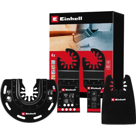 Original Einhell 4-tlg. Multitool-Set (BIM-Tauchsägeblatt, BIM-Halbrund-Sägeblatt, CrV-Tauchsägeblatt und flexibler Schaber mit Open Back Quick Change Aufnahme für gängige Multitools) (1/5)