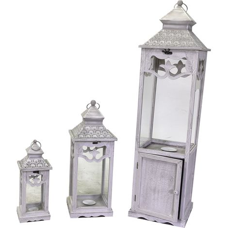 Set 3 Lanterne in Legno in Metallo sbiancato c/anta quadro
