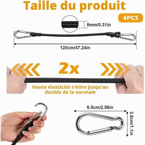 Tendeurs Elastiques avec Mousqueton 120cm, 8mm Tendeur Elastique Corde de Bagage Elastique pour Camping, Bâches, Tente, Bagages, Voitur et Motos (1/4)