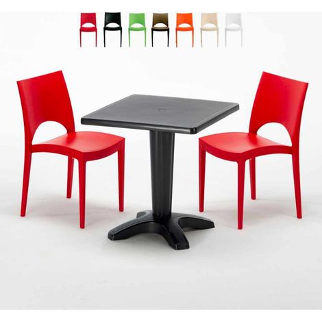 Table Carrée Noire 70x70cm Avec 2 Chaises Colorées Grand Soleil Set Bar Café Paris Aia - Rouge
