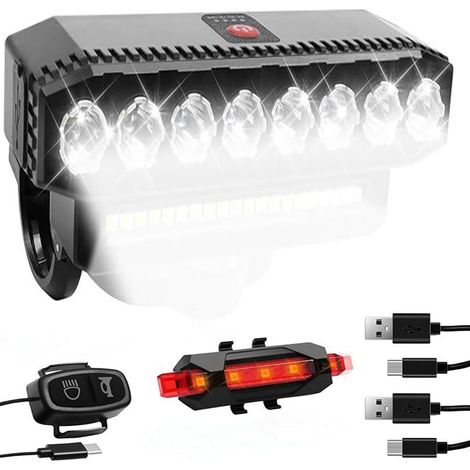 USB-wiederaufladbarer Fahrradscheinwerfer mit Hupe, leistungsstarke LED-Frontleuchte für Nachtfahrten, Rennrad-, Mountainbike- und Offroad-Fahrten