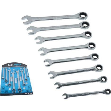 US PRO RATCHET SPANNER SET 8PC GEAR RATCHET COMBINATION METRIC 8MM-19MM 7593