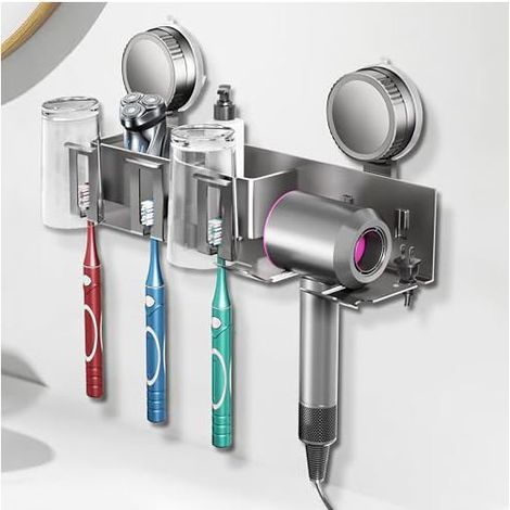 Porte-brosses à dents noir mural, support douche et sèche-cheveux (1/5)