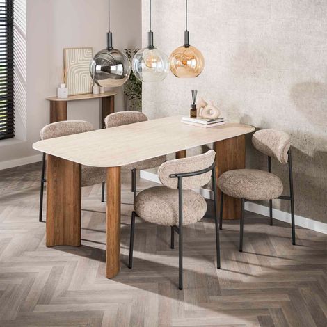 Table repas 180 cm travertin + 4 chaises tissu texturé sable - KRIOLA (1/5)