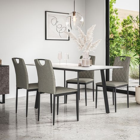 Haydon Extending Dining Table + Chairs- White Marble Effect Table Top w Black Legs + Monza Linen Dining Chair Set Of 6 (Grey) (1/5)