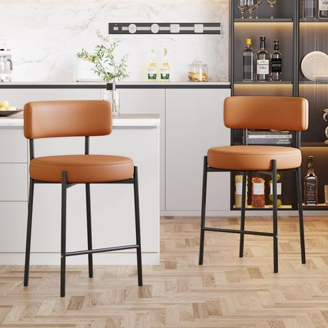 Barhocker 2er Set, 63.5cm Sitzhöhe, PU-Leder, mit Rückenlehne, Braun (1/5)