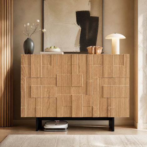 Sideboard 3 Türen 105 x 33,5 x 76 cm, verstellbare Ablagen, Natur und Schwarz HAVRYA (1/4)