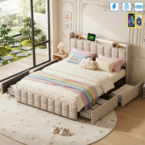 Lit Double avec 4 tiroirs 140x190 cm - LED, Ports USB et Type-C Intégrés - Sommier à Lattes, Scandinave, Beige