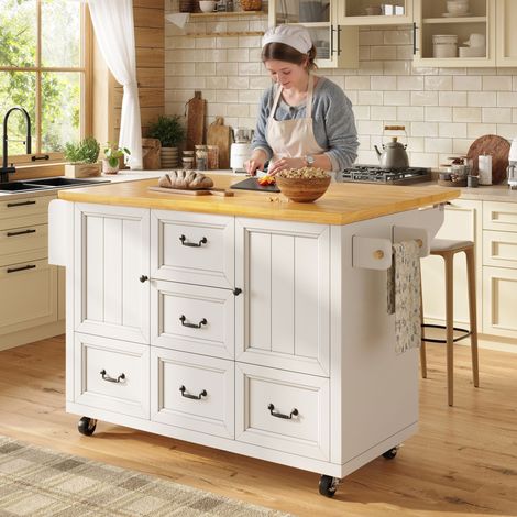 Îlot de cuisine 120 × 73 cm, sur roulettes, plan de travail extensible, 2 portes, 5 tiroirs, étagères réglables, en MDF et métal, coloris blanc (1/5)