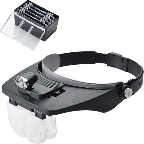 Lente d'ingrandimento con fascia per la testa con 2 luci a LED, lente d'ingrandimento a mani libere con 4 lenti rimovibili per lettura, riparazione di dispositivi elettronici, gioielli, cucito, artigi (1/5)