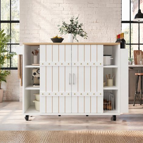 Isla de cocina 110/42/90 cm blanca con tablero abatible, 3 cajones y puertas correderas (1/5)