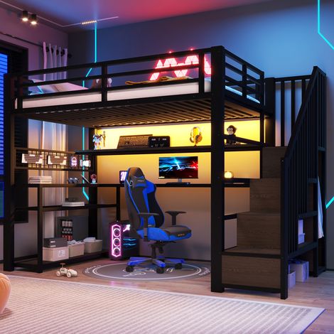 Lit mezzanine 90x200 cm en métal avec LED RGB, bureau, dressing et rangements, métalMDF, noir (1/5)