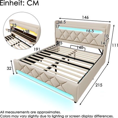 Lit double 140x190 cm beige lin, sommier coffre hydraulique, tête de lit avec étagère de rangement, ports USB-C, éclairage LED 360° enveloppant la tête et le pied, sans matelas.