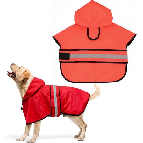 Imperméable pour chien à rayures réfléchissantes avec capuche, ouverture réglable pour la laisse, poncho de pluie en polyester pour animaux de compagnie, rouge. (1/5)