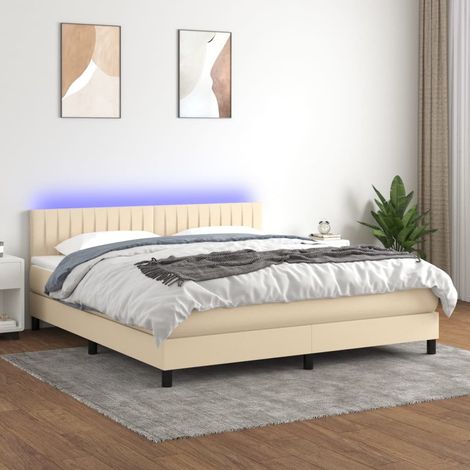 Sommier tapissier avec matelas et LED Lit adulte Contemporain Crème 160x200 cm Tissu 79833 (1/5)