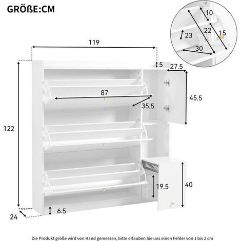 Armoire à chaussures - 119x24x122 cm - 3 tiroirs - Banc rabattable - Blanc (1/5)