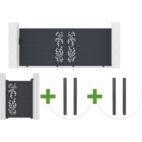 Portail coulissant 3,5m FOLYA H.140cm aluminium gris + 4 poteaux + Portillon 1m FOLYA H.140cm (1/5)