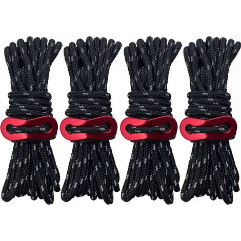 Corde de camping robuste à 8 boutons - Haubans réfléchissants d'extérieur de 3,5 mm avec tendeur - Cordon en nylon résistant pour grandes tentes, bâches et auvents - Noir