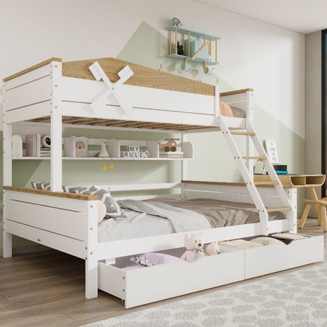Etagenbett mit Schubladen und Regalen, Kinderbett 90x200 & 140x200 cm mit Schrägleiter und Rausfallschutz, Kieferholz, Weiß Natur (1/5)
