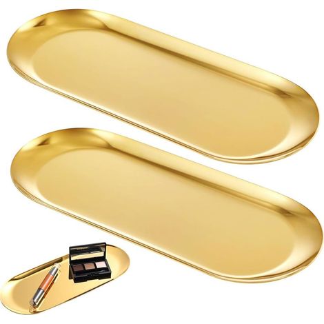 Plateau Ovale - Lot de 2 - Acier Inoxydable Doré - Finition Miroir - Organisateur Bijoux et Cosmétiques - 22 cm (1/5)