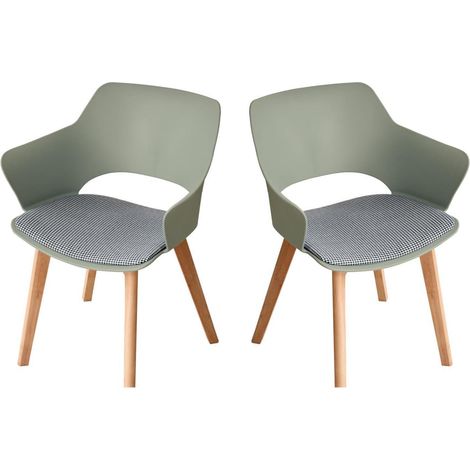 Lot de 2 chaises de salle à manger, bureau, pieds bois massif, design creux, accoudoirs, tissu vert (1/5)