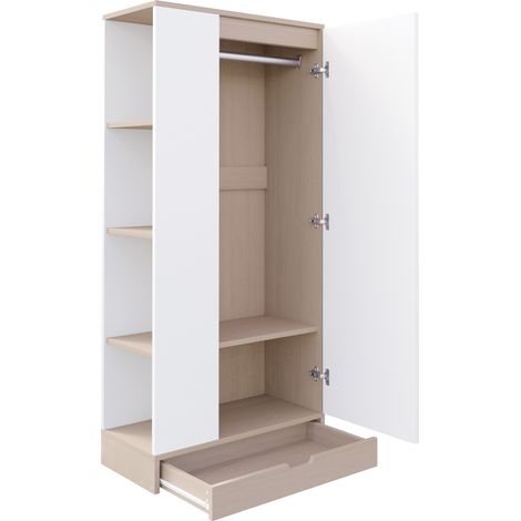 Armoire penderie 70x40x170 cm avec 1 porte, étagères et tiroirs, bois naturel et blanc (1/5)